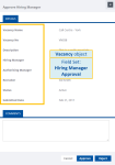 Annotated screenshot: Fields in the Hiring Manager Approval Field Set on the Hiring Manager Approval page